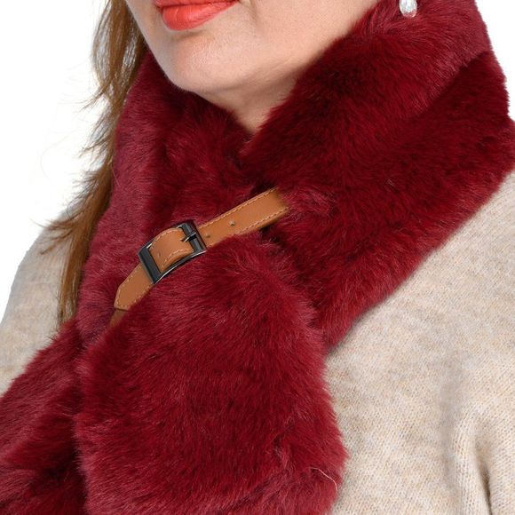 Faux Fur Polyester Scarf with Buckle (35 x 5) Red/Burgundy - Picture 2 of 3